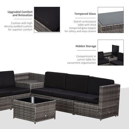 Outsunny 8 pcs Outdoor Rattan Garden Furniture Patio Sofa and Table Set with Cushions 6 Seater Corner Wicker Seat with Storage, Grey