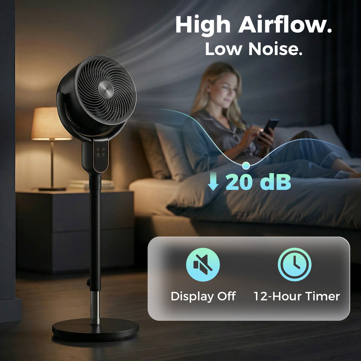 20 dB Silent Standing Fan for Bedroom, 42" Pedestal Fan with 70° Oscillating, 90° Vertical Tilt, 8 Speeds, Remote Control, 12H Timer, Adjustable Height, Child Lock, Black