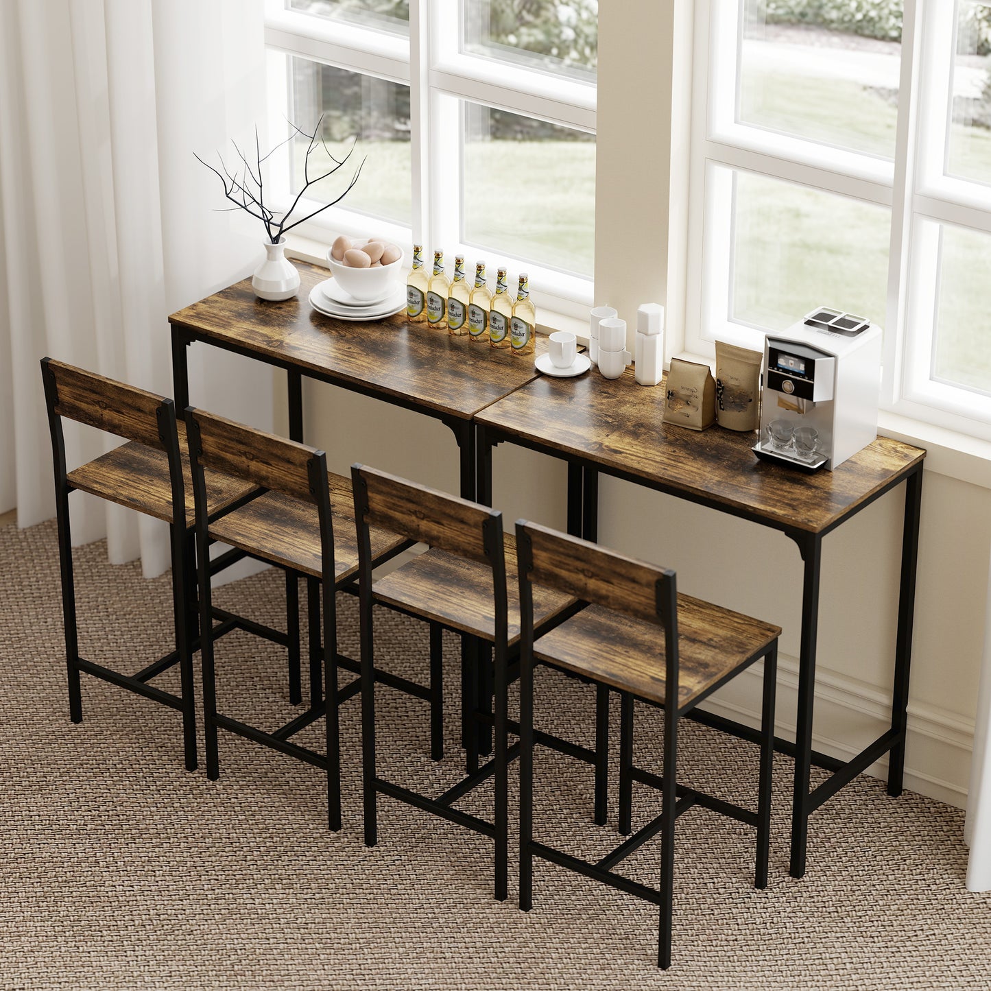 Bar Table and Stools Set, Kitchen Table and 2 Chairs with Backrest, Footrest