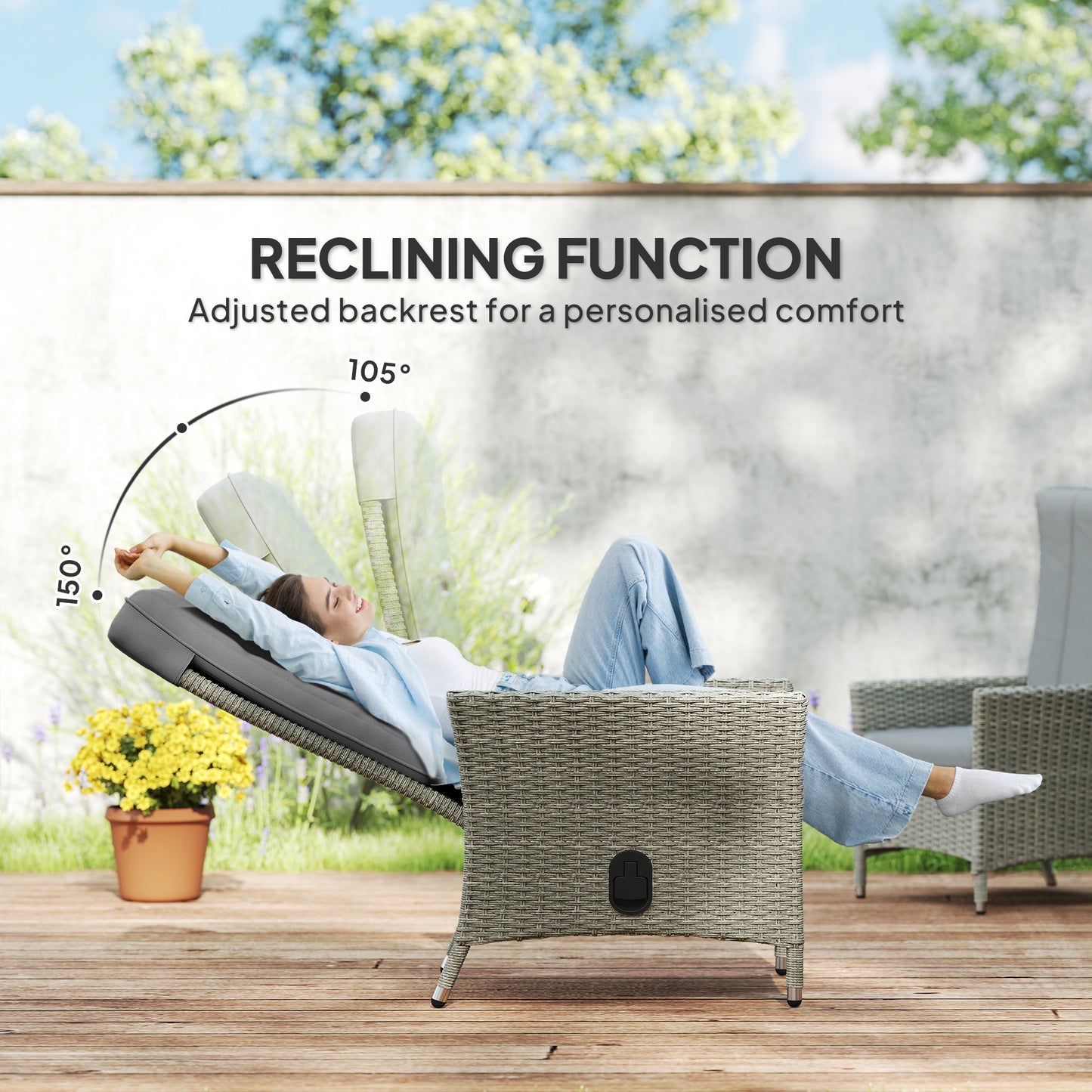 Rattan Garden Recliner Chair with Adjustable Backrest, Grey