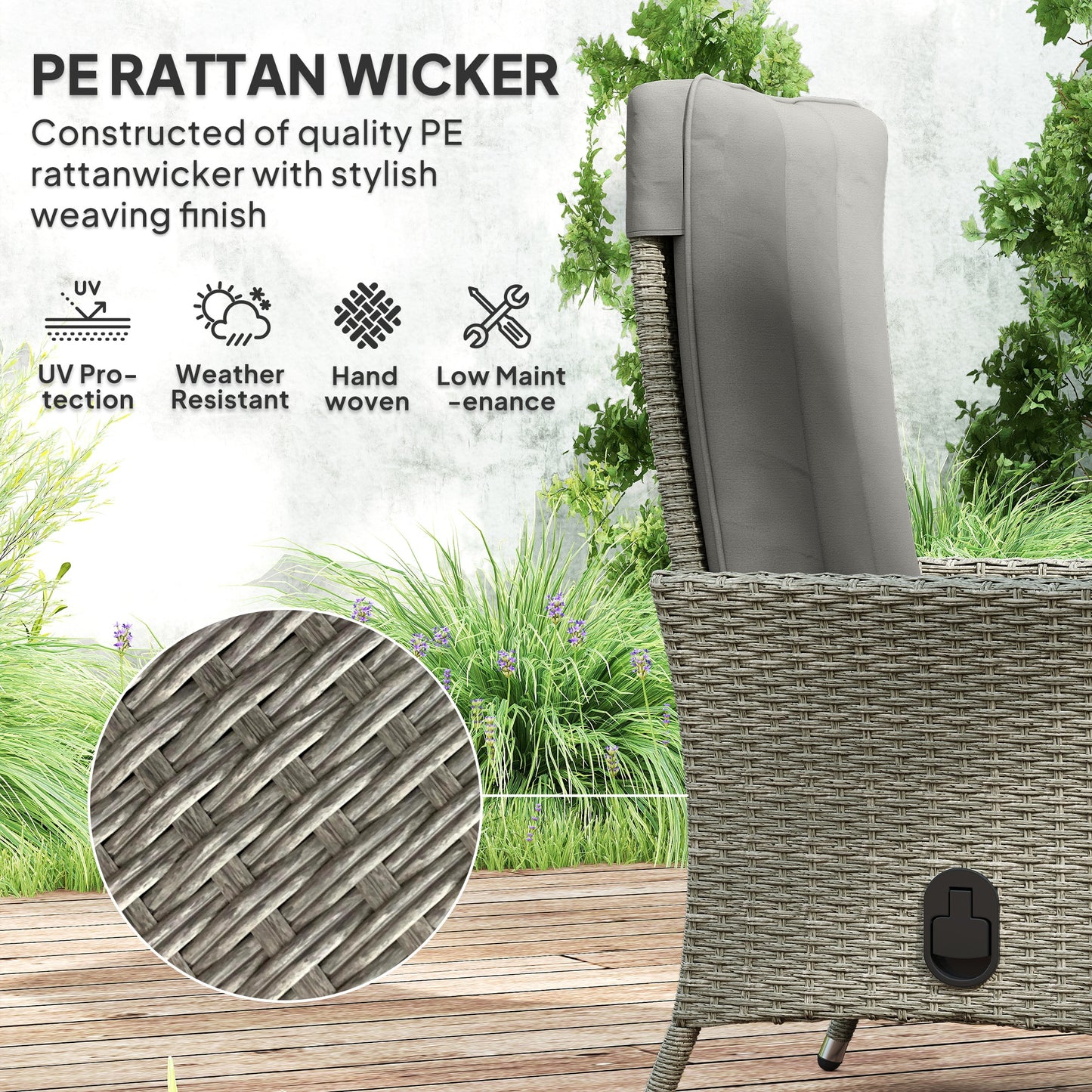 Rattan Garden Recliner Chair with Adjustable Backrest, Grey