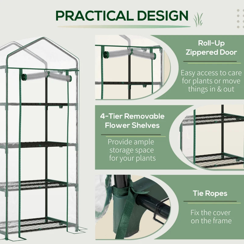 4 Tiers Mini Portable Greenhouse Compact Plant Grow Shed Metal Frame Transparent Clear Cover 160H x 70L x 50Wcm
