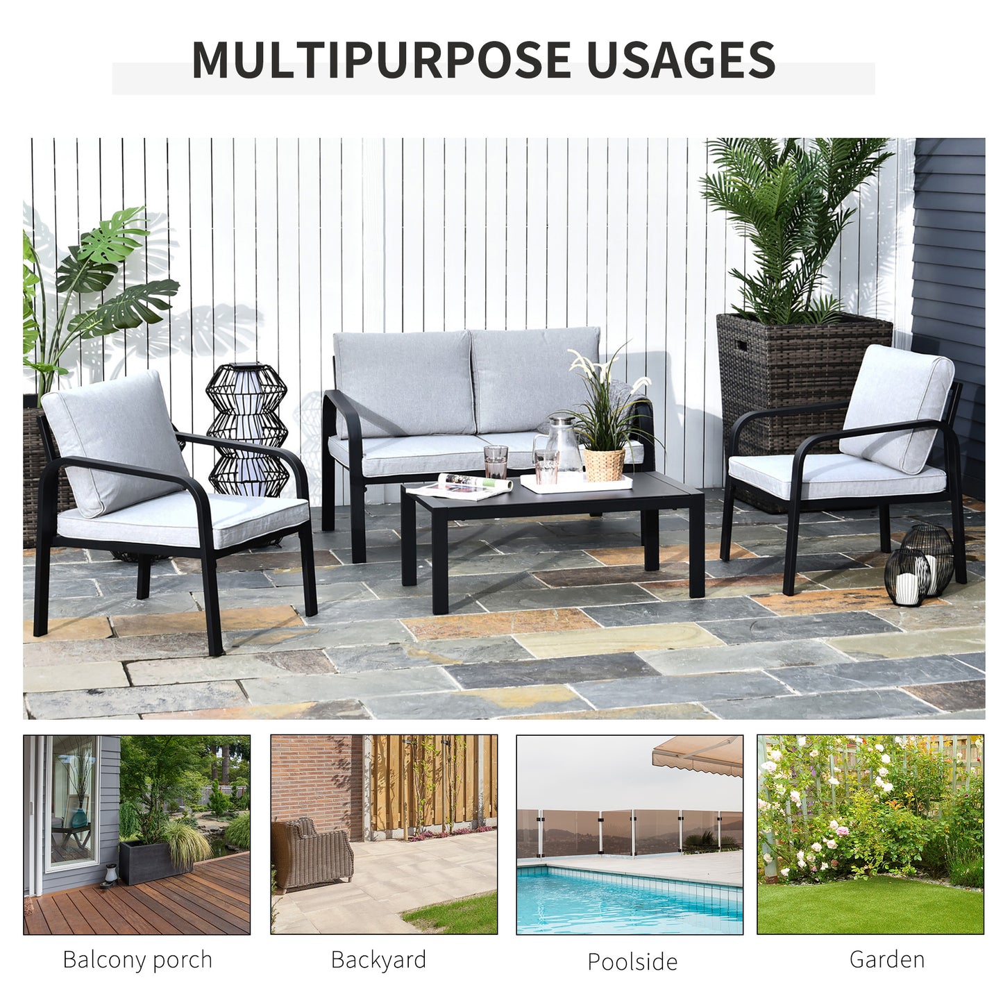 4pcs Garden Sectional Loveseat Chairs Table Furniture w/ Cushion, Black