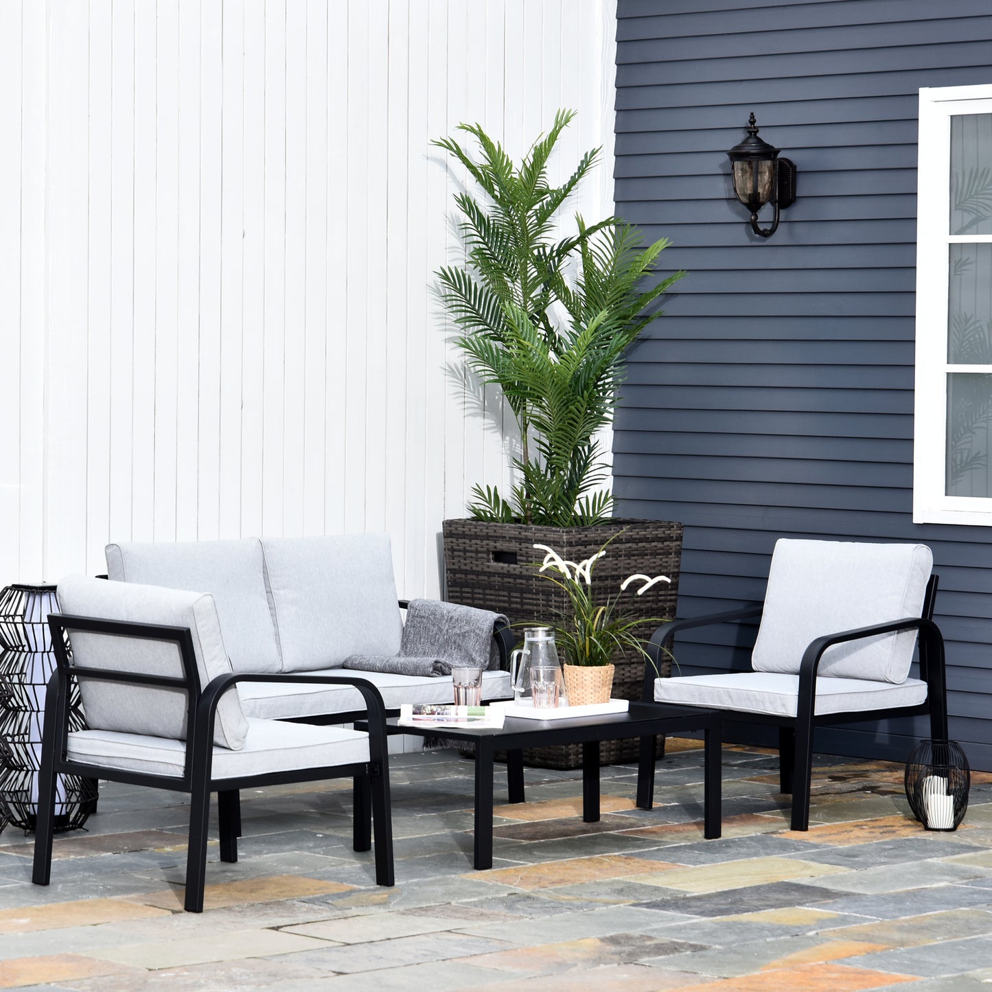 4pcs Garden Sectional Loveseat Chairs Table Furniture w/ Cushion, Black