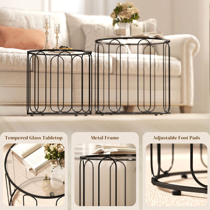 Coffee Table Set of 2, Nest of Tables with Metal Frame, Black