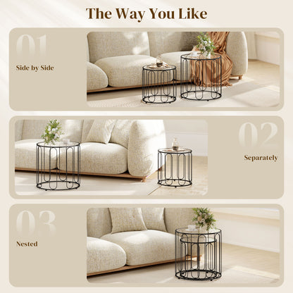 Coffee Table Set of 2, Nest of Tables with Metal Frame, Black