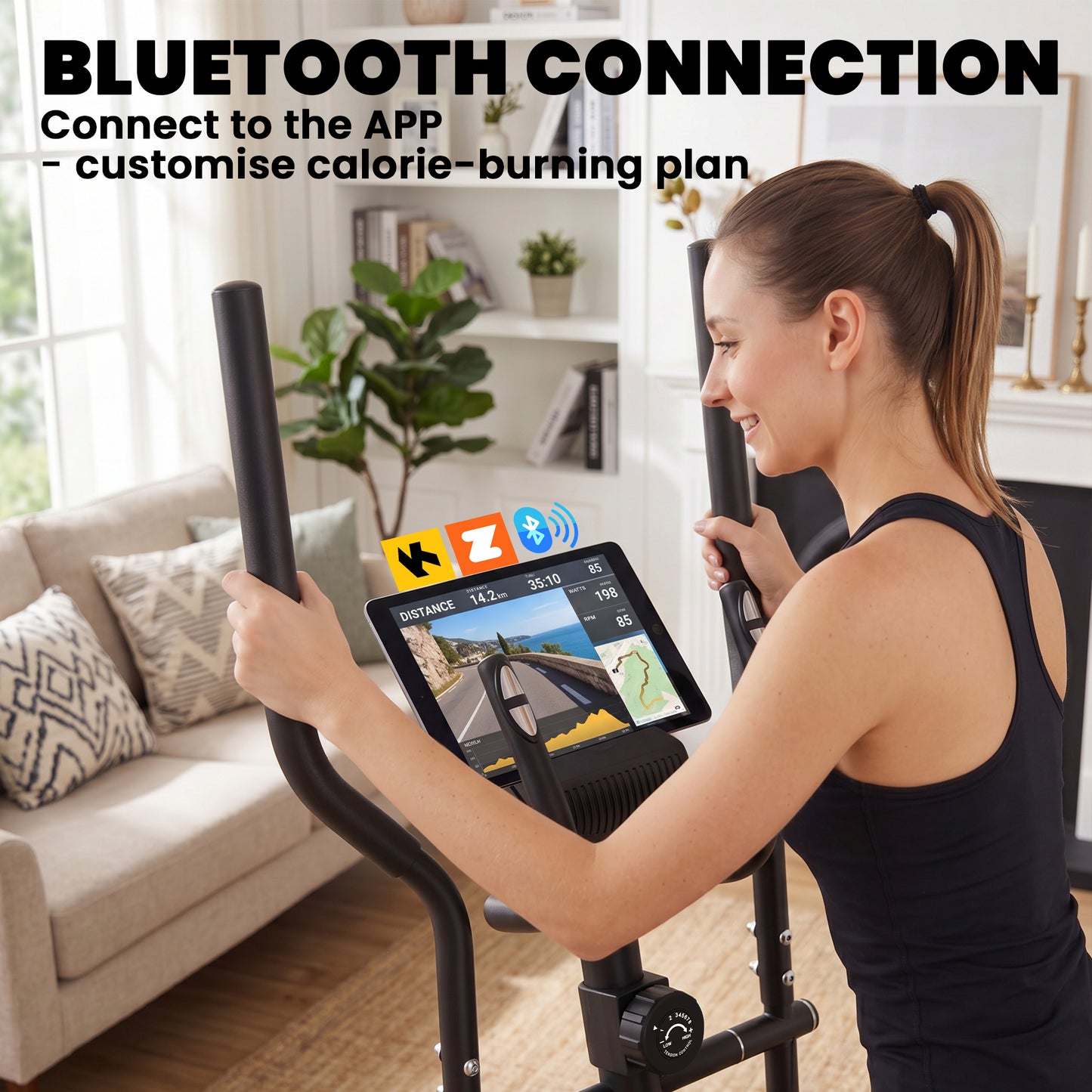 Elliptical Cross Trainer for Home, Quiet Magnetic Elliptical Machine with Bluetooth, App Compatible, 8-Level Adjustable Resistance, LCD Monitor & Pulse Sensor, Wheels, 120KG Load Capacity