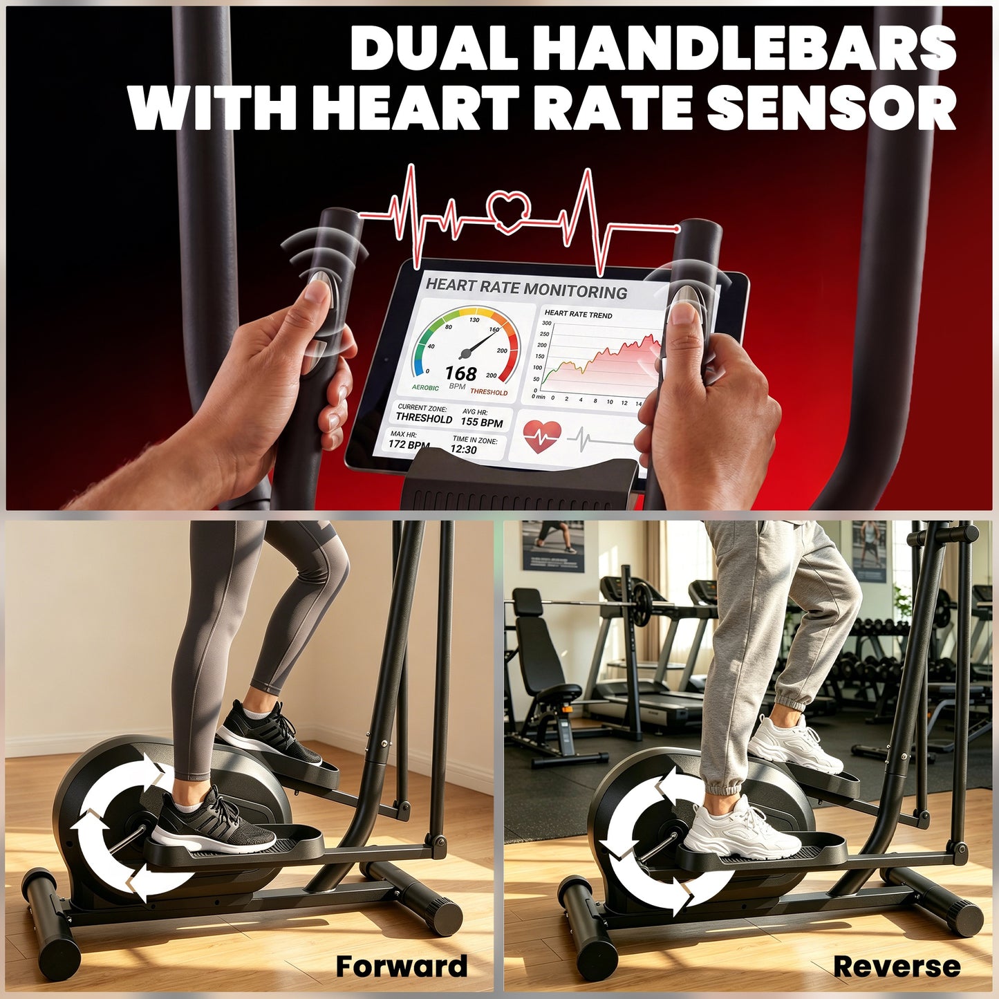 Elliptical Cross Trainer for Home, Quiet Magnetic Elliptical Machine with Bluetooth, App Compatible, 8-Level Adjustable Resistance, LCD Monitor & Pulse Sensor, Wheels, 120KG Load Capacity
