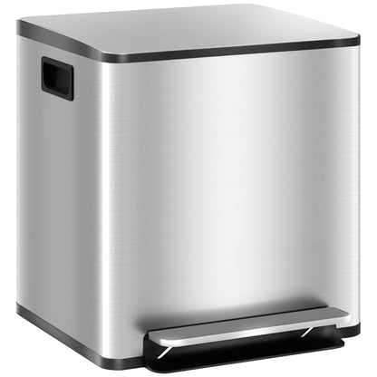 2 x 15L Double Kitchen Bin, Pedal Bin Soft-Close Lid, Silver Tone