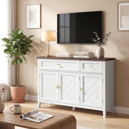 Sideboard with Thick Top, Modern Storage Cabinet, Kitchen Cupboard with 3 Doors, 2 Drawers and Adjustable Shelves for Dining Room, Living Room, White and Brown Wood Effect