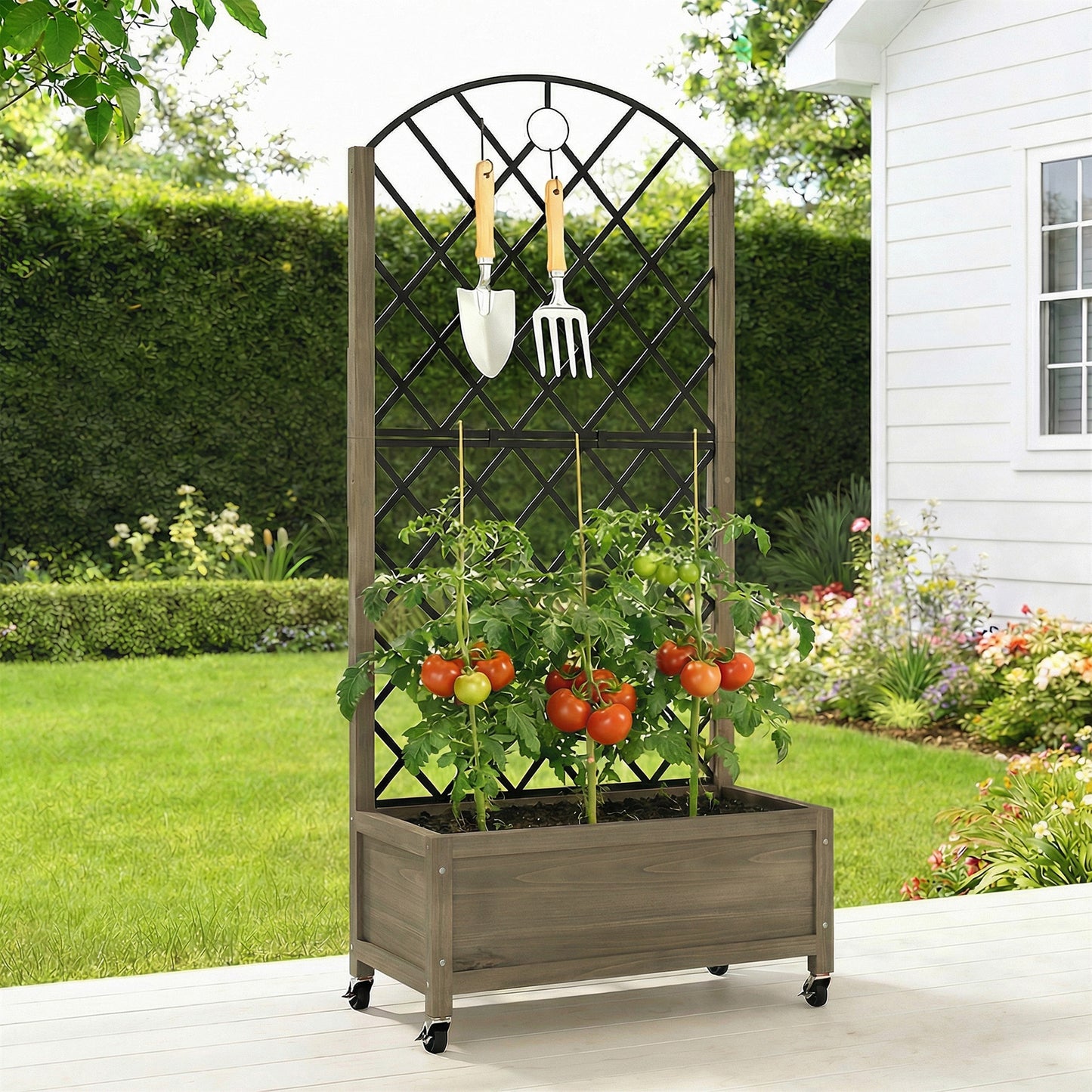Garden Bed w/Metal Trellis, Wooden Elevated Planter Box Carbonised