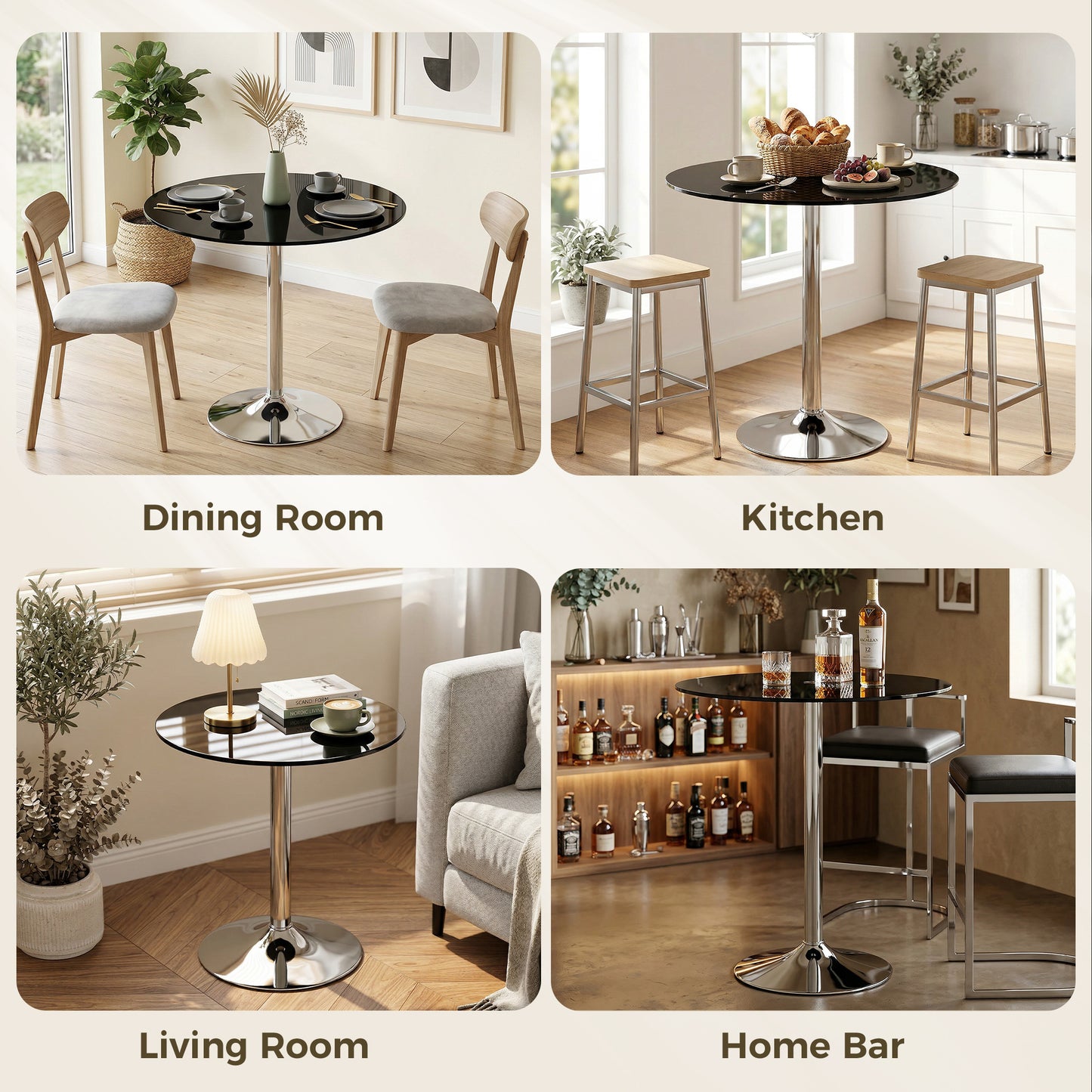 Round Bar Table, Dining Table with Tempered Glass Top and Steel Frame