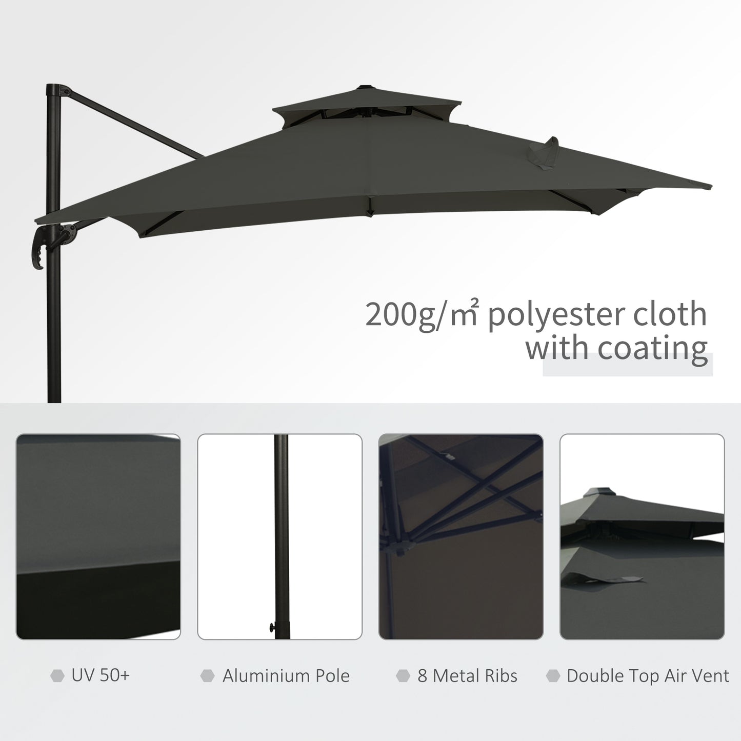 3 x 3(m) Garden Cantilever Roma Parasol with Crank and Tilt, Square Overhanging Patio Umbrella with 360√Ç¬∞ Rotation, Sun Shade Canopy with Base