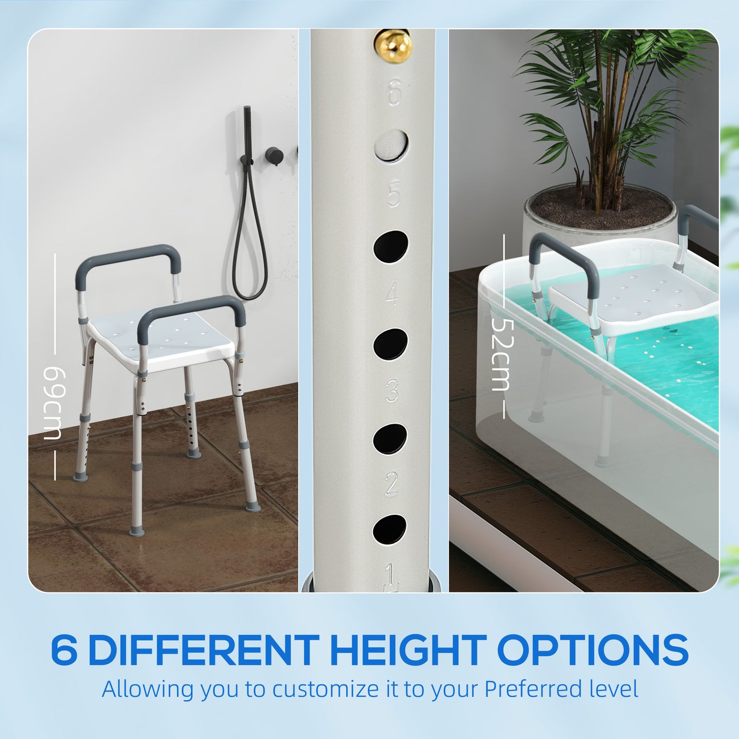 Rust-Free Aluminium Bath Chair with Adjustable Height, Light Blue