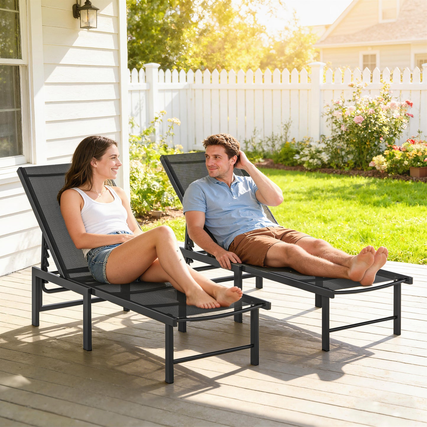 Sun Loungers Set of 2, 5-Level Reclining Sunbeds, Black