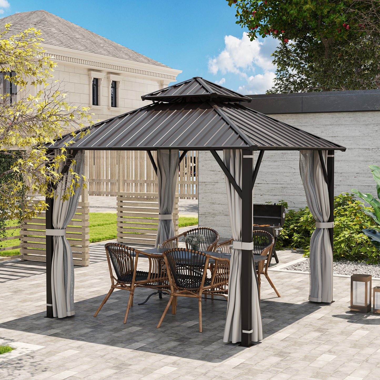 3 x 3(m) Hardtop Gazebo with Metal Roof, Netting and Curtains