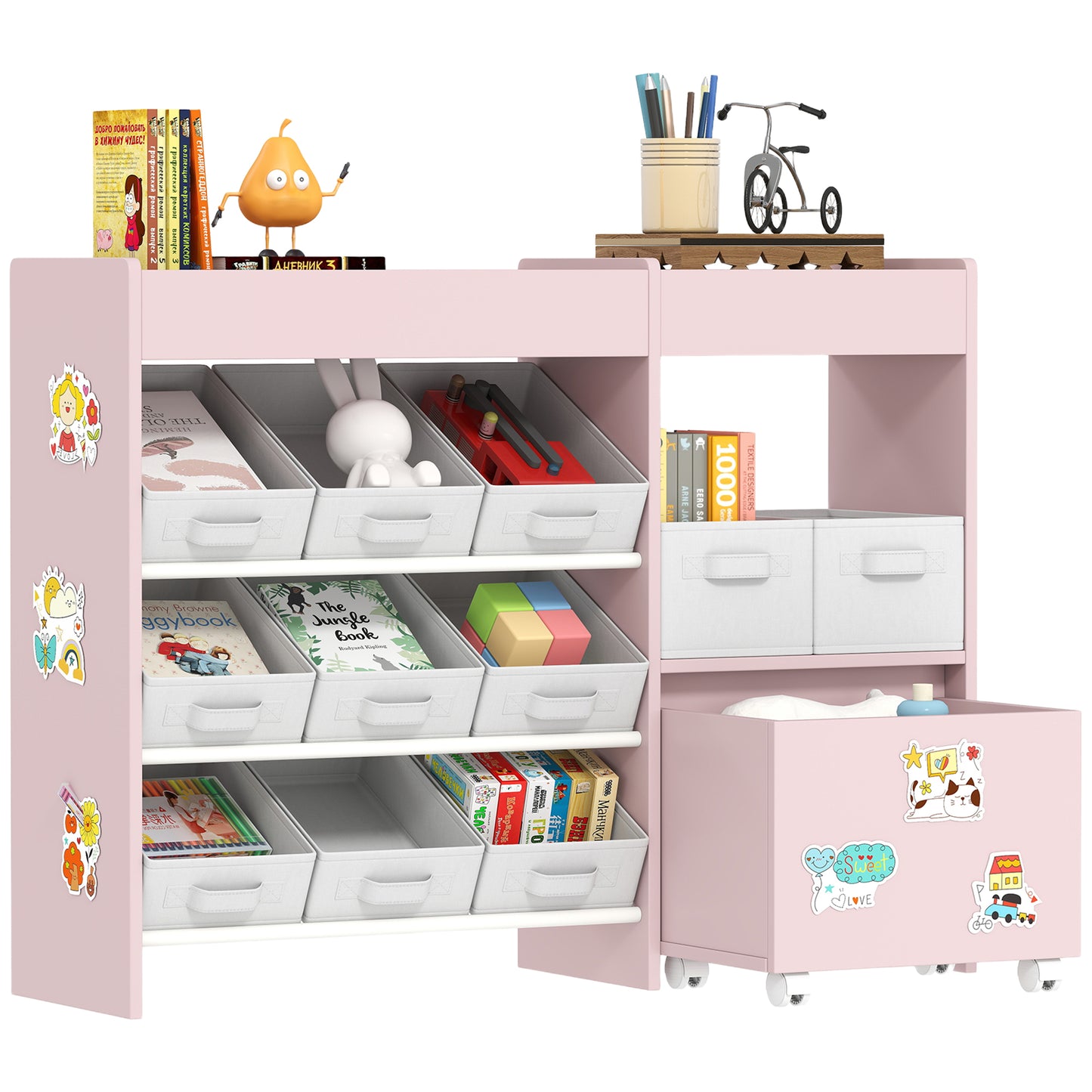 Kids Toy Storage Unit with 11 Fabric Bins, 3 Stickers, Pink