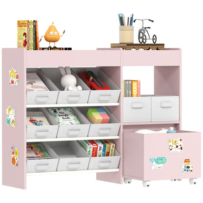 Kids Toy Storage Unit with 11 Fabric Bins, 3 Stickers, Pink
