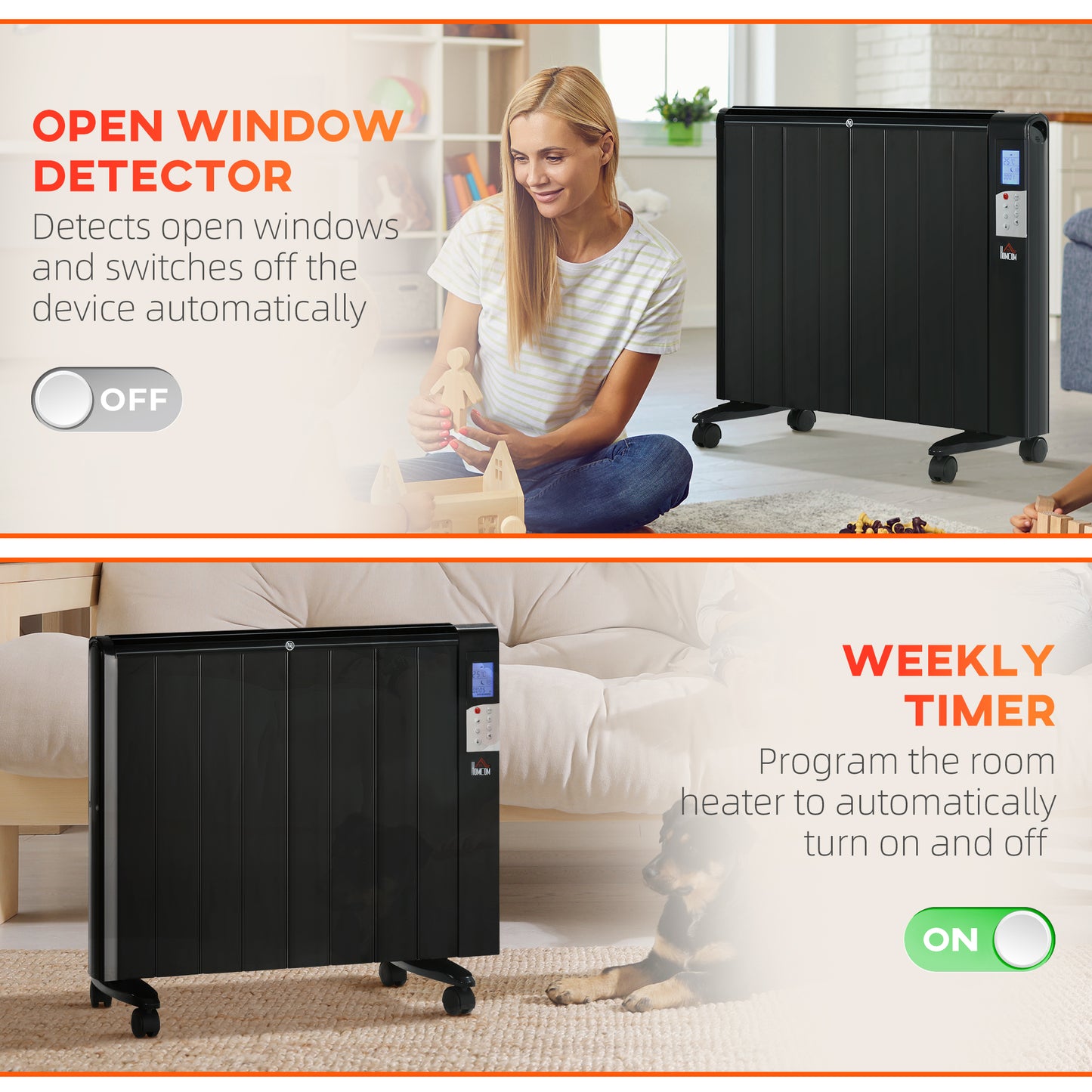 Convector Radiator Heater, Quiet Panel Heater, Freestanding or Wall-mounted Portable Electric Heater with Window Opening Detection Black