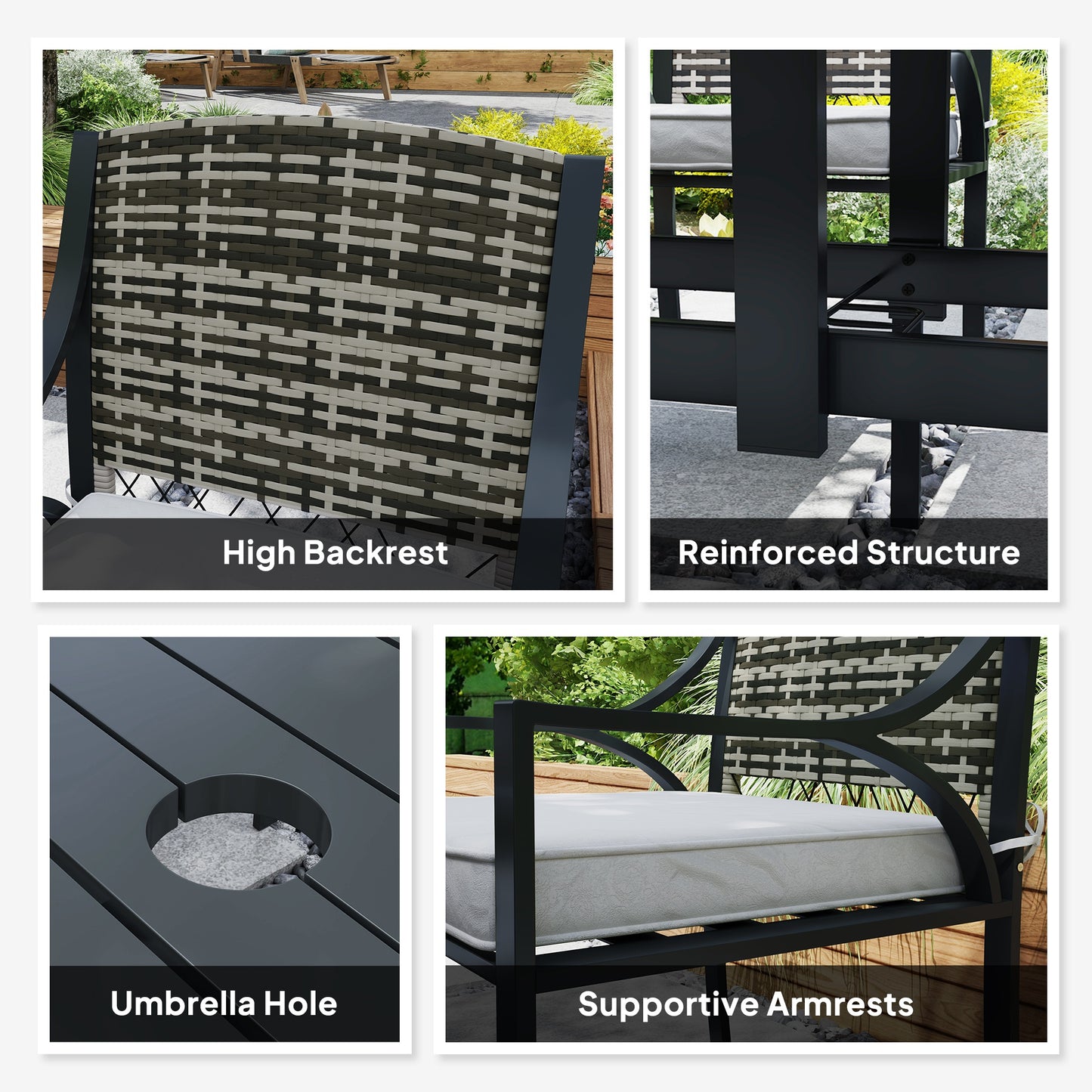 Rattan Garden Furniture Set with Cushions, 6 Seater Rattan Dining Set with 6 Armchairs, 150 x 96cm Rectangular Table, Umbrella Hole, for Outdoor, Patio, Balcony, Terrace, Conservatory