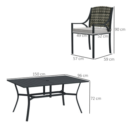 Rattan Garden Furniture Set with Cushions, 6 Seater Rattan Dining Set with 6 Armchairs, 150 x 96cm Rectangular Table, Umbrella Hole, for Outdoor, Patio, Balcony, Terrace, Conservatory