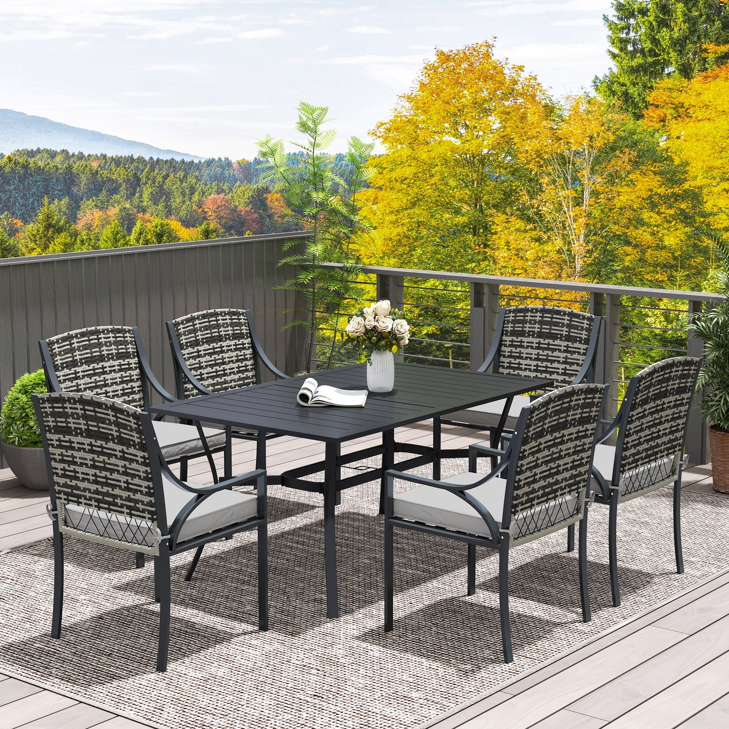Rattan Garden Furniture Set with Cushions, 6 Seater Rattan Dining Set with 6 Armchairs, 150 x 96cm Rectangular Table, Umbrella Hole, for Outdoor, Patio, Balcony, Terrace, Conservatory