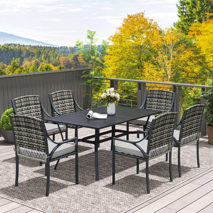 Rattan Garden Furniture Set with Cushions, 6 Seater Rattan Dining Set with 6 Armchairs, 150 x 96cm Rectangular Table, Umbrella Hole, for Outdoor, Patio, Balcony, Terrace, Conservatory