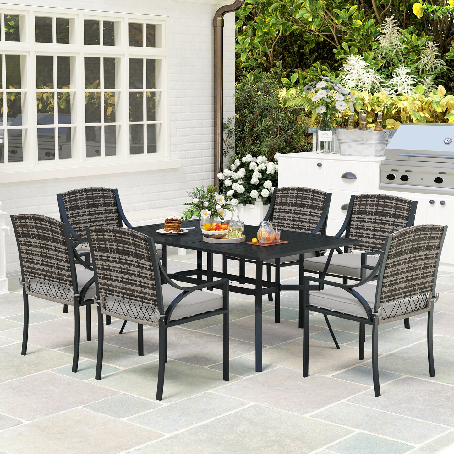 Rattan Garden Furniture Set with Cushions, 6 Seater Rattan Dining Set with 6 Armchairs, 150 x 96cm Rectangular Table, Umbrella Hole, for Outdoor, Patio, Balcony, Terrace, Conservatory
