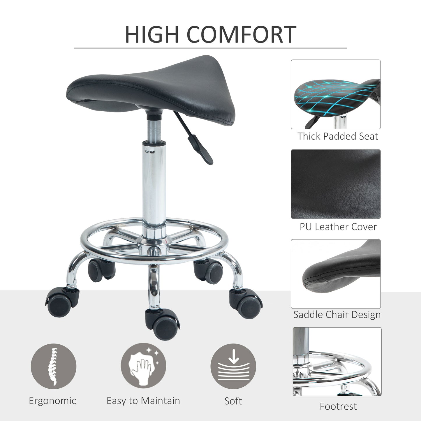 Saddle Chair, Rolling Salon Stool for Massage Spa Clinic Beauty, Black