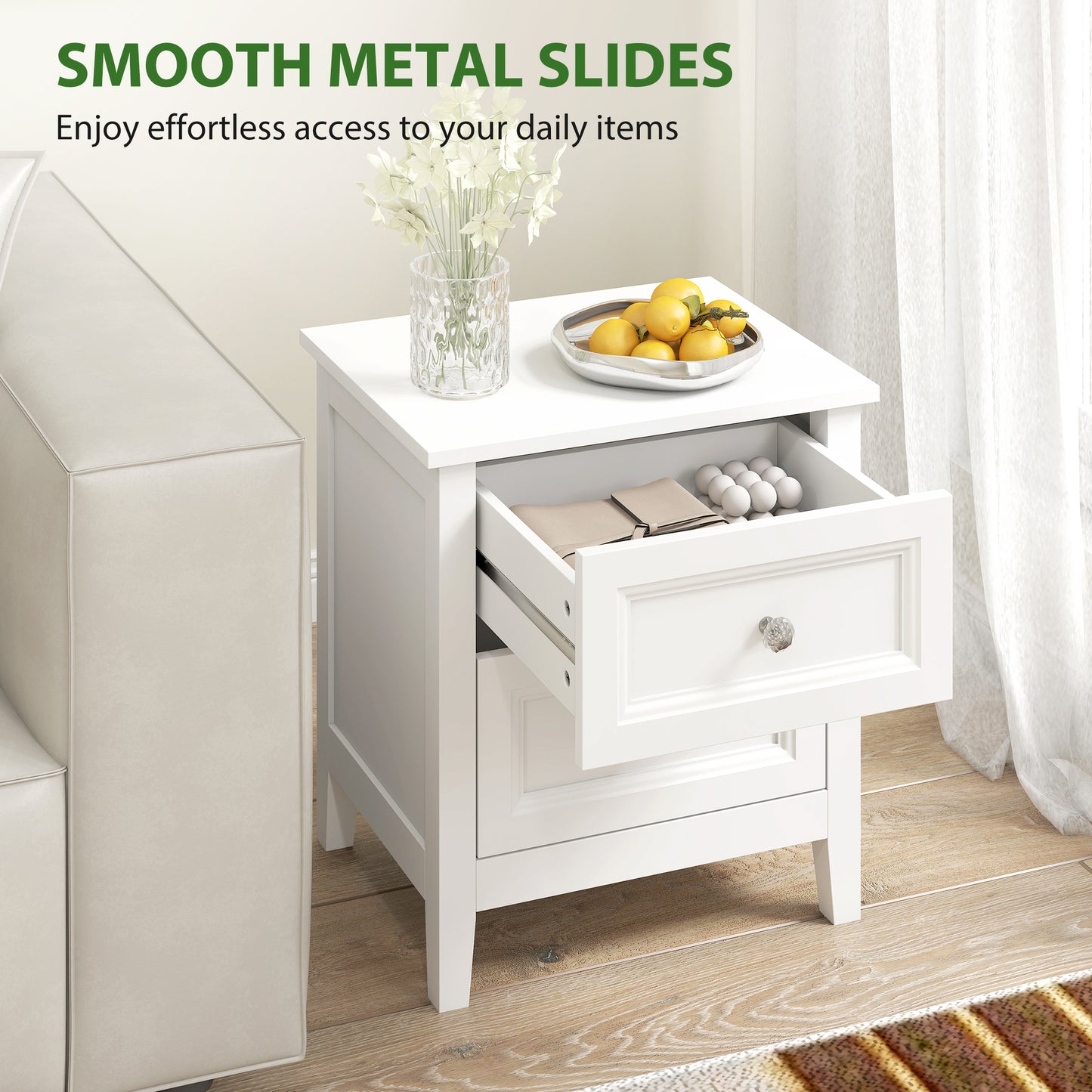 Modern Bedside Table with 2 Drawers, Side Table with Smooth Slides, Bedside Cabinet for Bedroom, Living Room, White