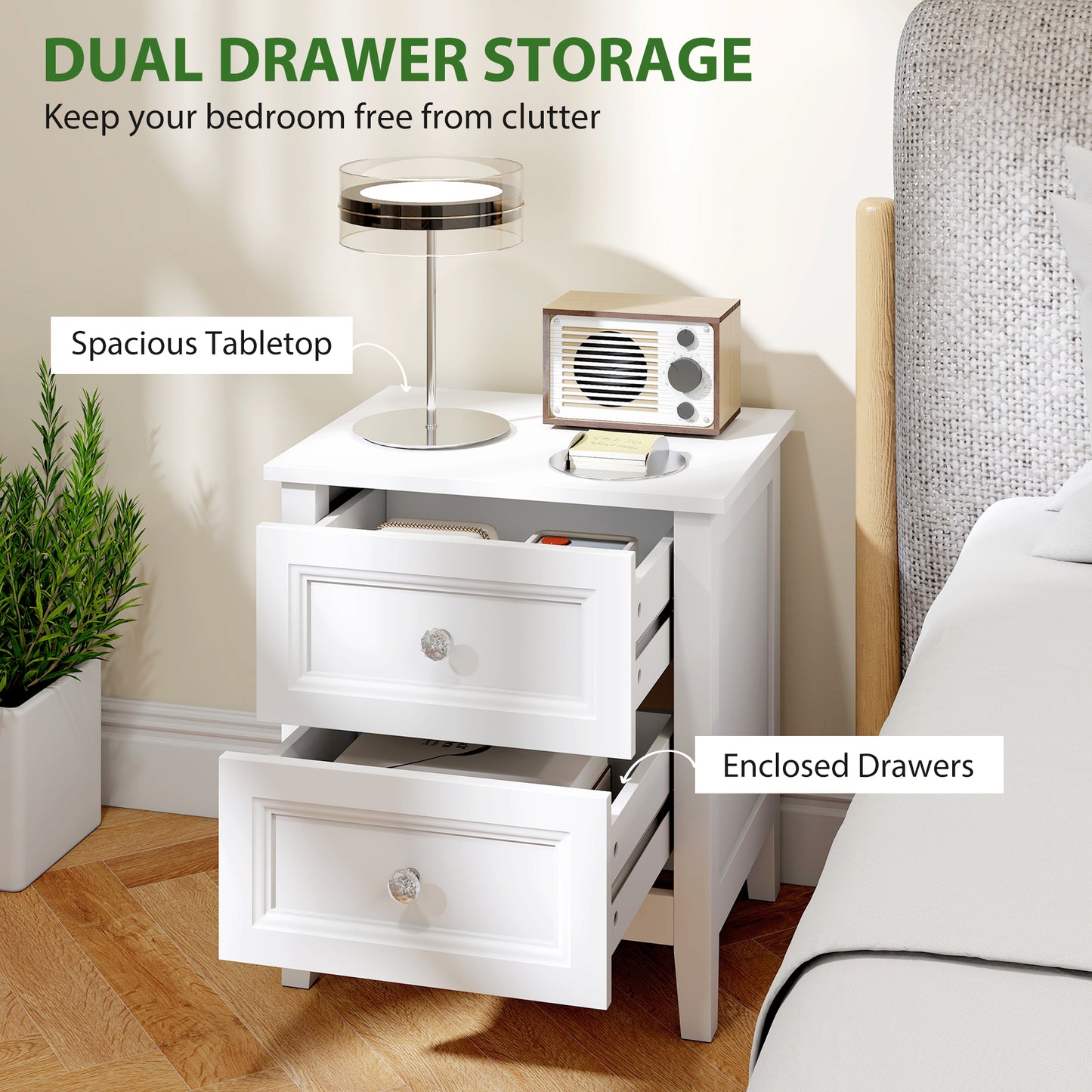 Modern Bedside Table with 2 Drawers, Side Table with Smooth Slides, Bedside Cabinet for Bedroom, Living Room, White