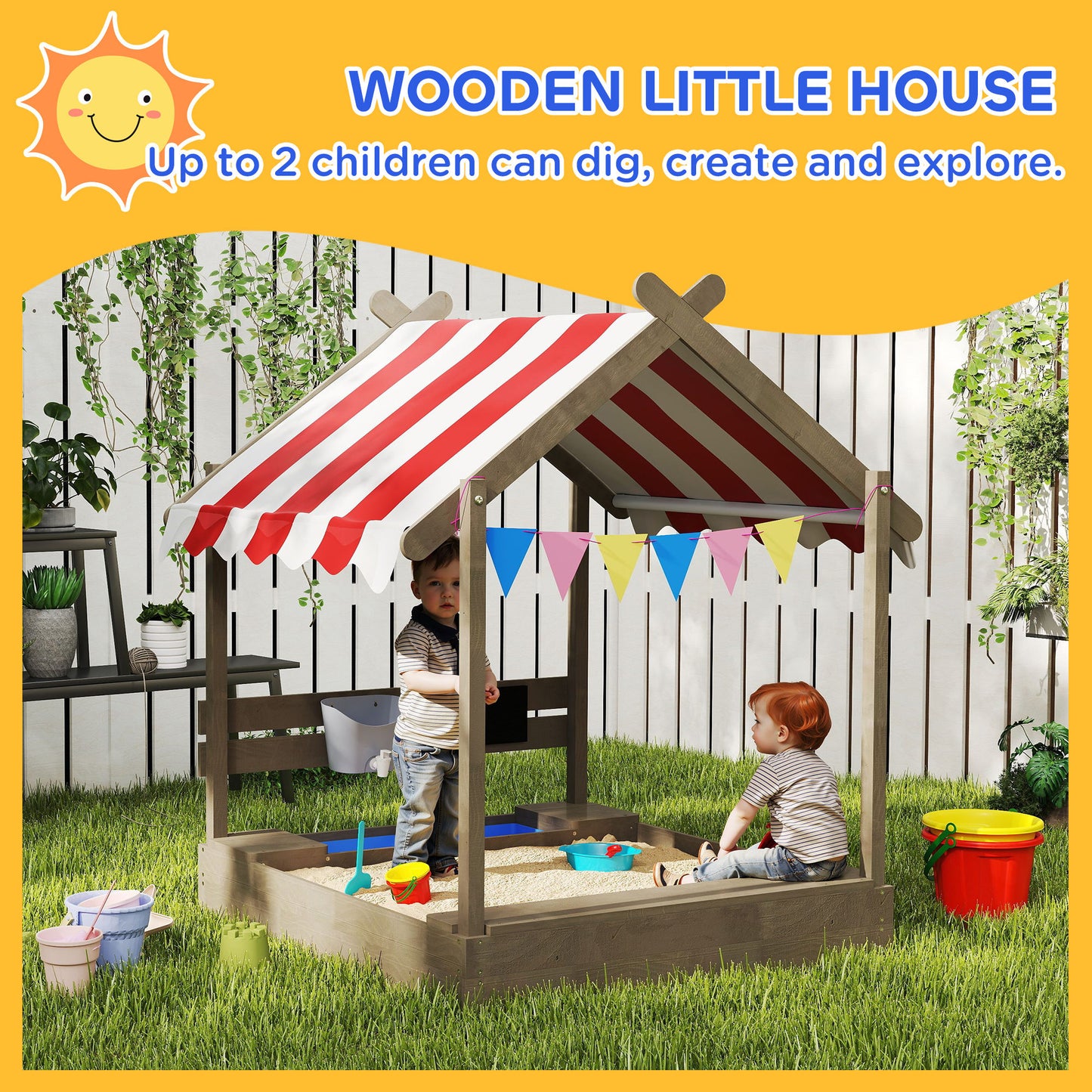 Wooden Kids Sandpit Boat Style with Canopy, 4 Seats, Rudder, Bottom Liner, for Children 3-8 Years, Yellow