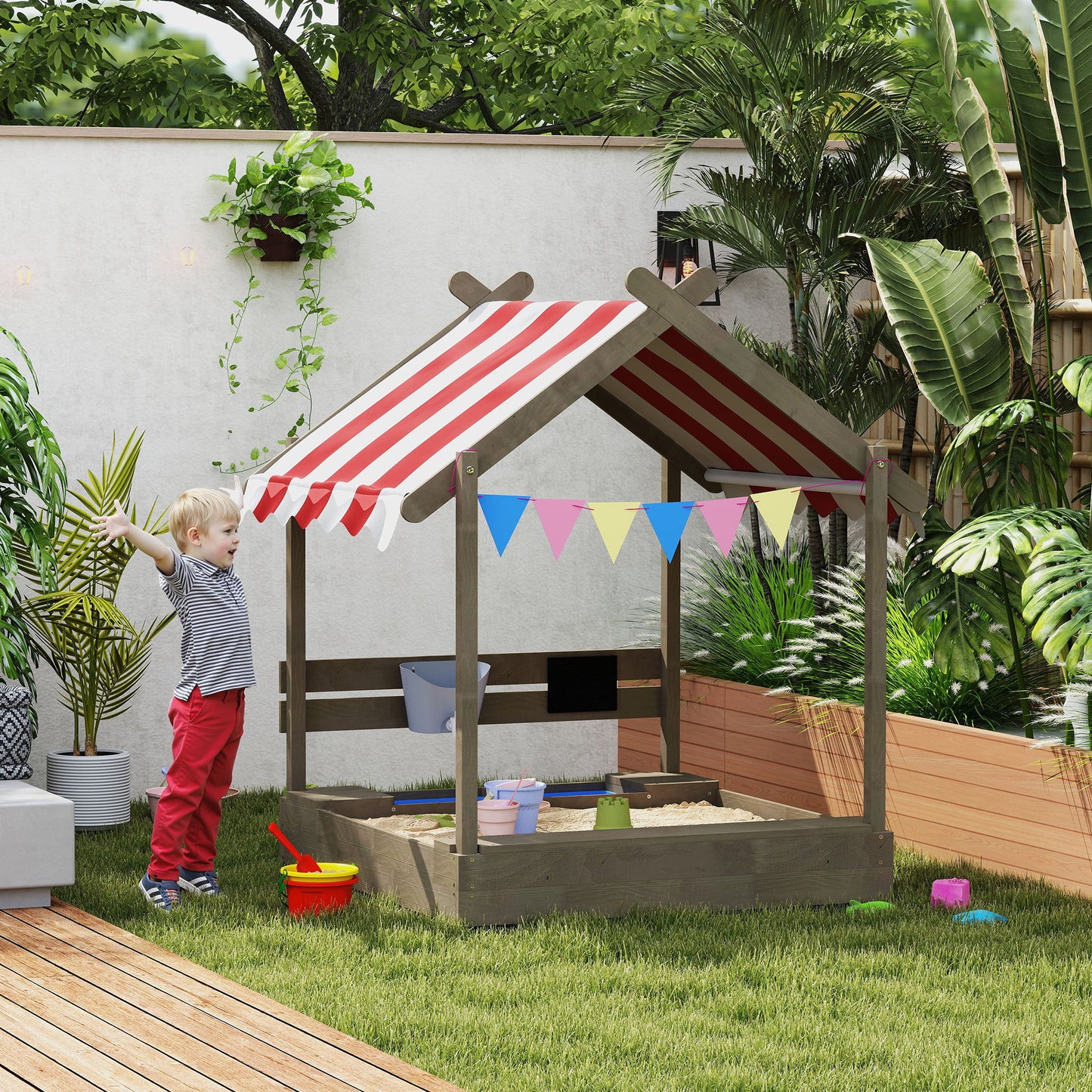 Wooden Kids Sandpit Boat Style with Canopy, 4 Seats, Rudder, Bottom Liner, for Children 3-8 Years, Yellow
