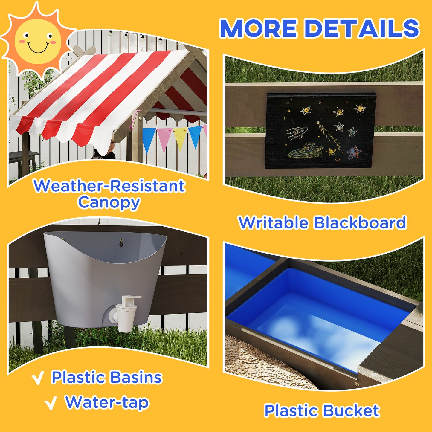 Wooden Kids Sandpit Boat Style with Canopy, 4 Seats, Rudder, Bottom Liner, for Children 3-8 Years, Yellow