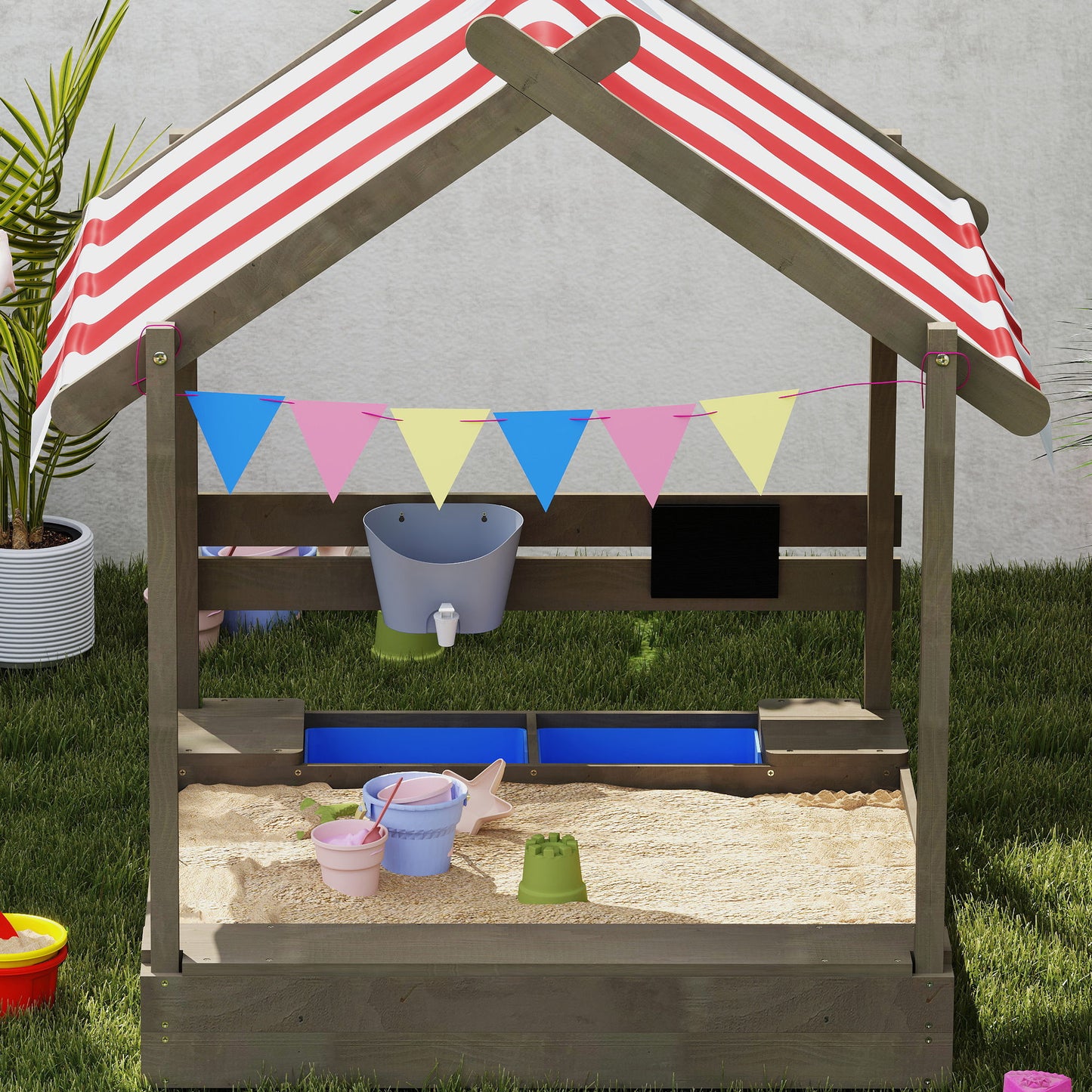 Wooden Kids Sandpit Boat Style with Canopy, 4 Seats, Rudder, Bottom Liner, for Children 3-8 Years, Yellow