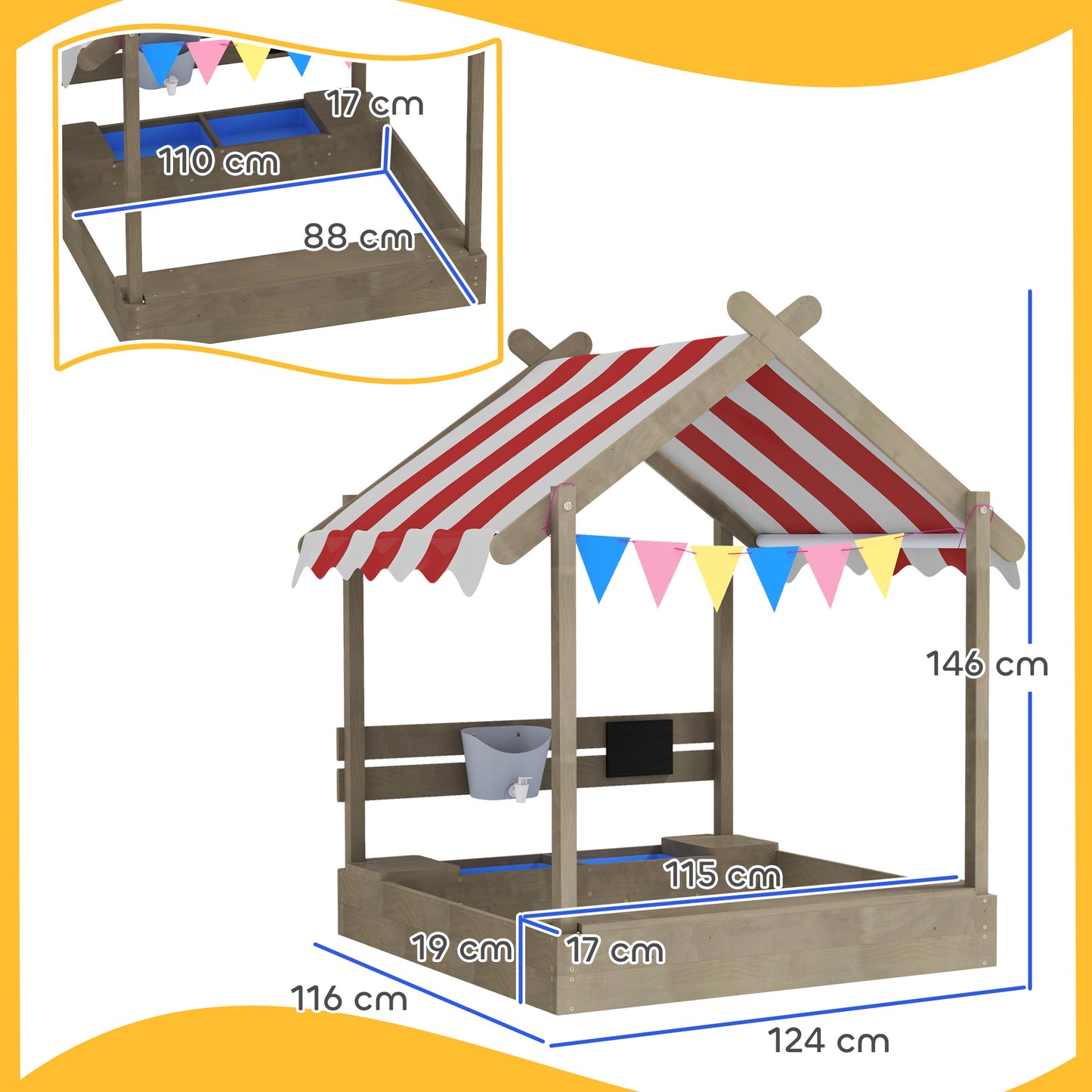 Wooden Kids Sandpit Boat Style with Canopy, 4 Seats, Rudder, Bottom Liner, for Children 3-8 Years, Yellow