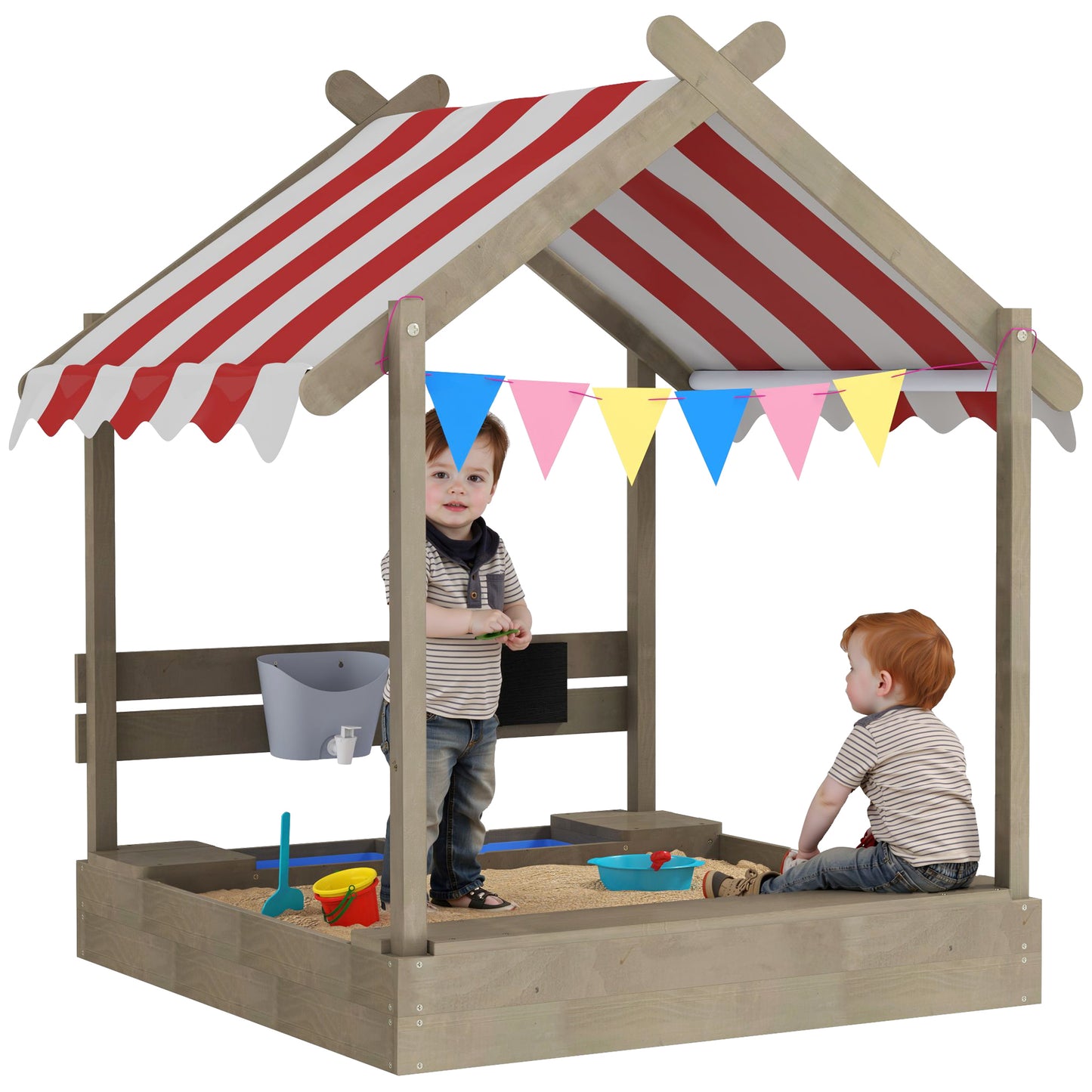 Wooden Kids Sandpit Boat Style with Canopy, 4 Seats, Rudder, Bottom Liner, for Children 3-8 Years, Yellow