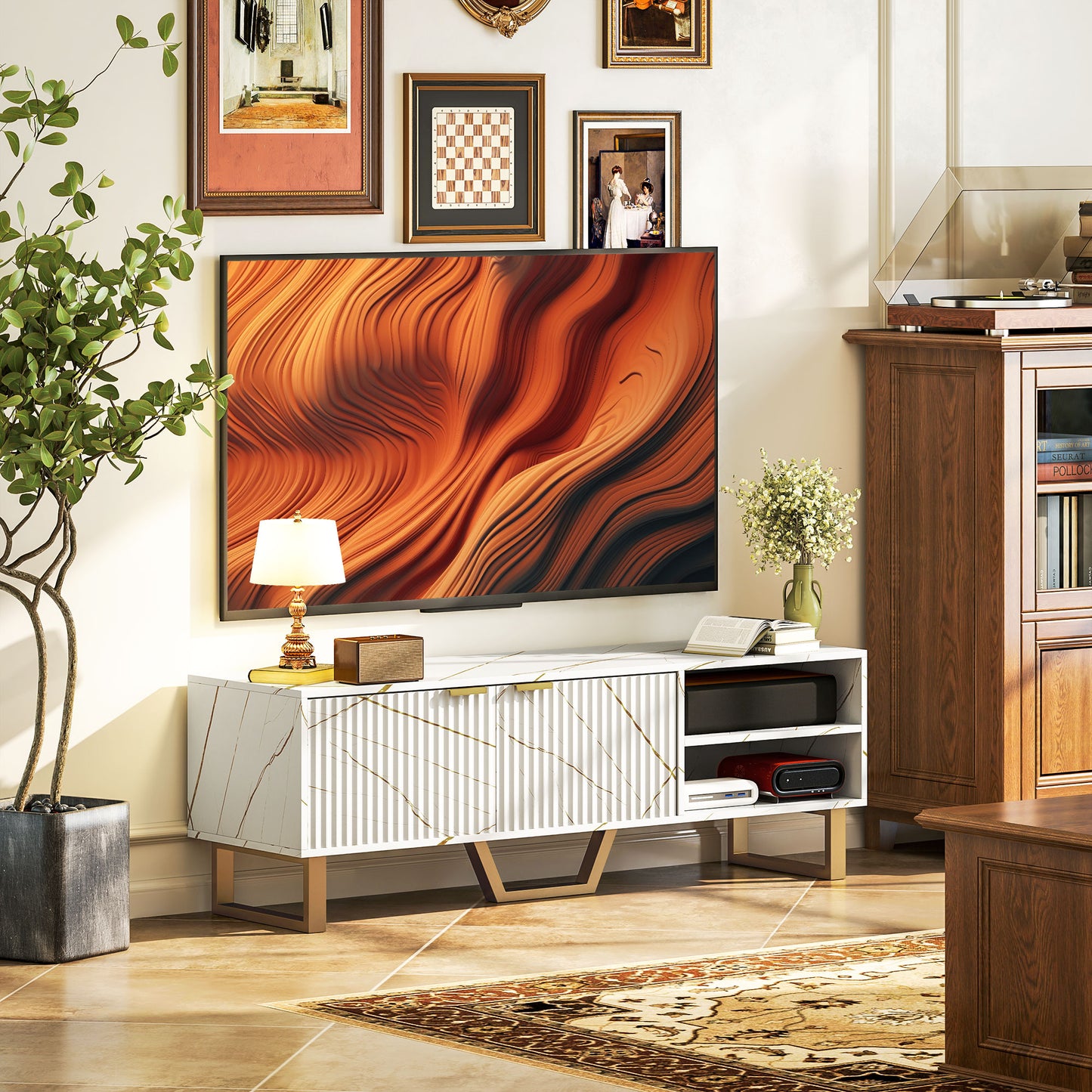 TV Unit, TV Stand Cabinet with Shelves and Storage Cupboard, White