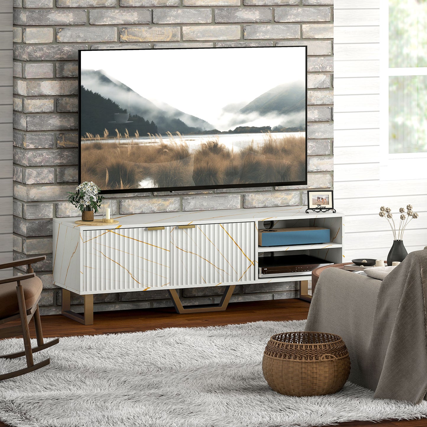 TV Unit, TV Stand Cabinet with Shelves and Storage Cupboard, White
