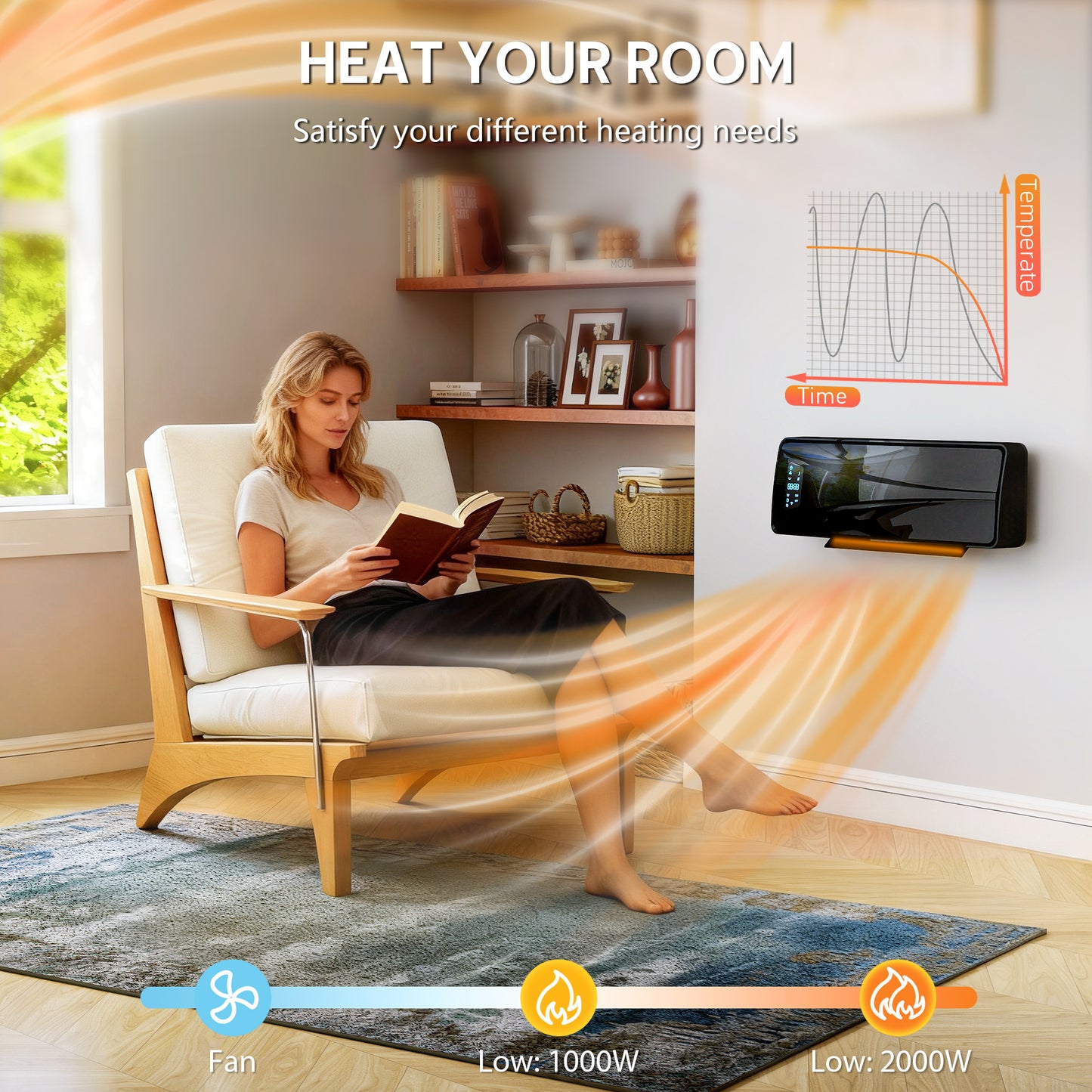 2000W Ceramic Electric Heater with Fan, Wall Heater, Black