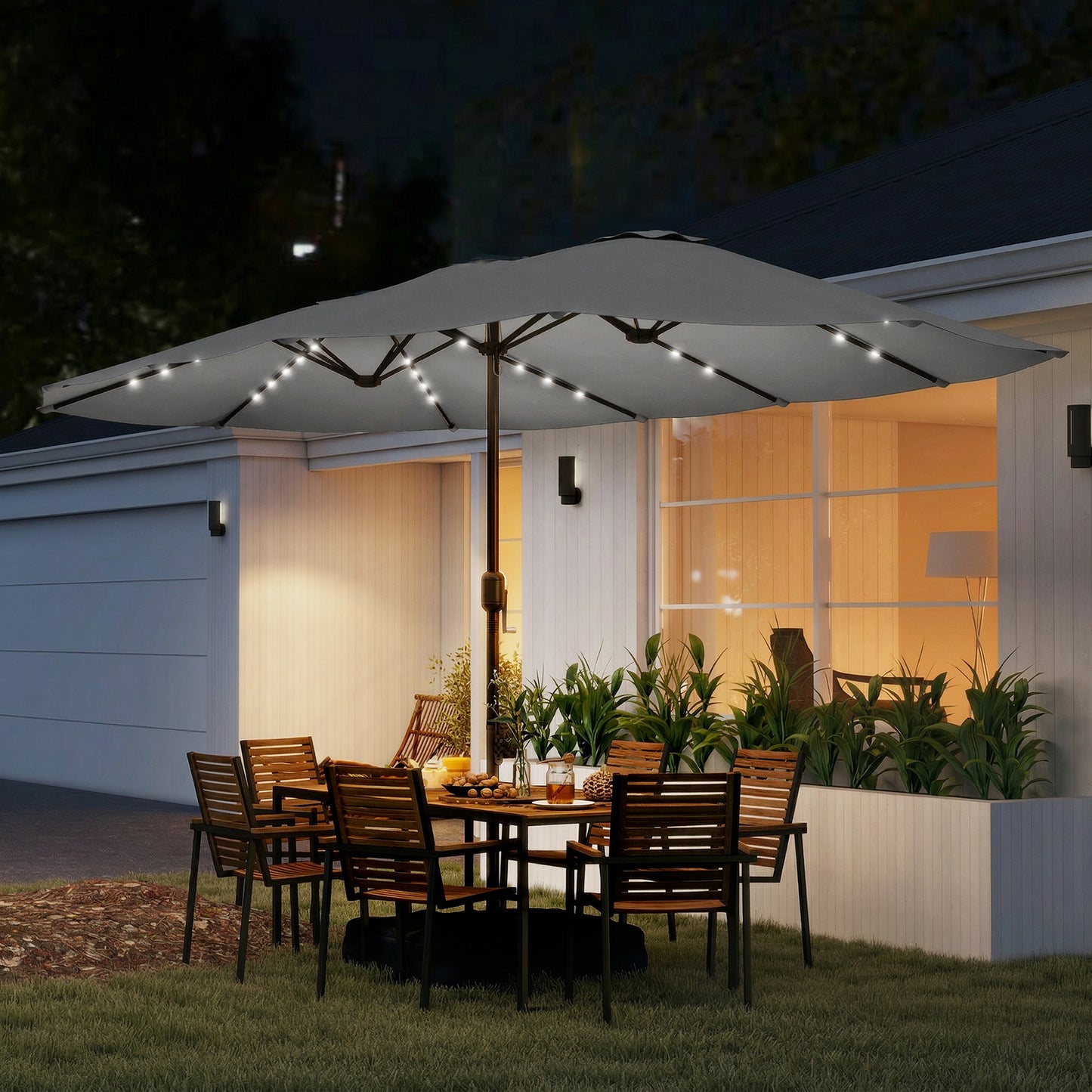 Double Sided Garden Parasol w/ 60 Solar LED Lights 4.5m, Grey