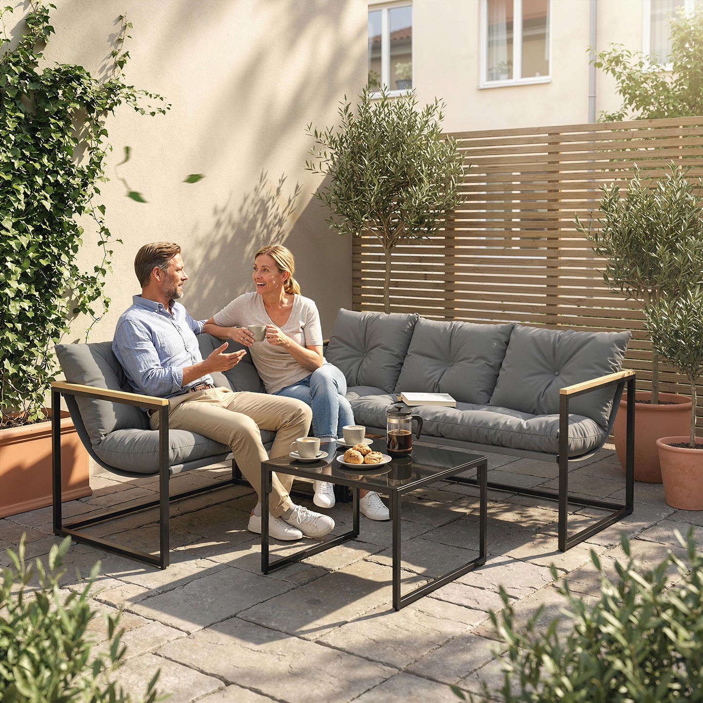 4 Piece Garden Furniture Set with Cushions Coffee Table, Grey