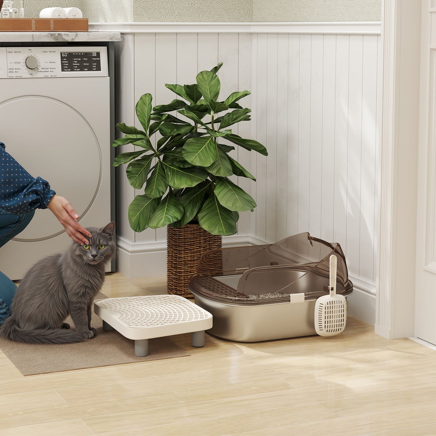 Stainless Steel Litter Box, Cat Litter Tray w/ Lid, Pedal, Scoop