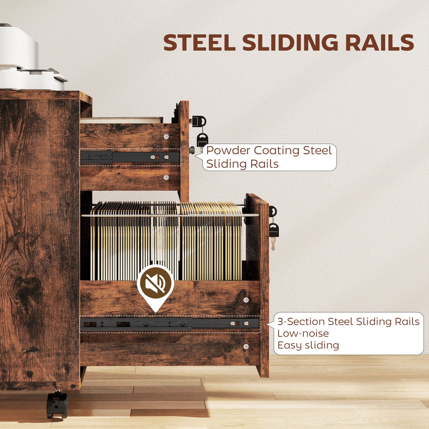 Roll File Cabinet with Drawer, Organiser Letter Size, Rustic Brown