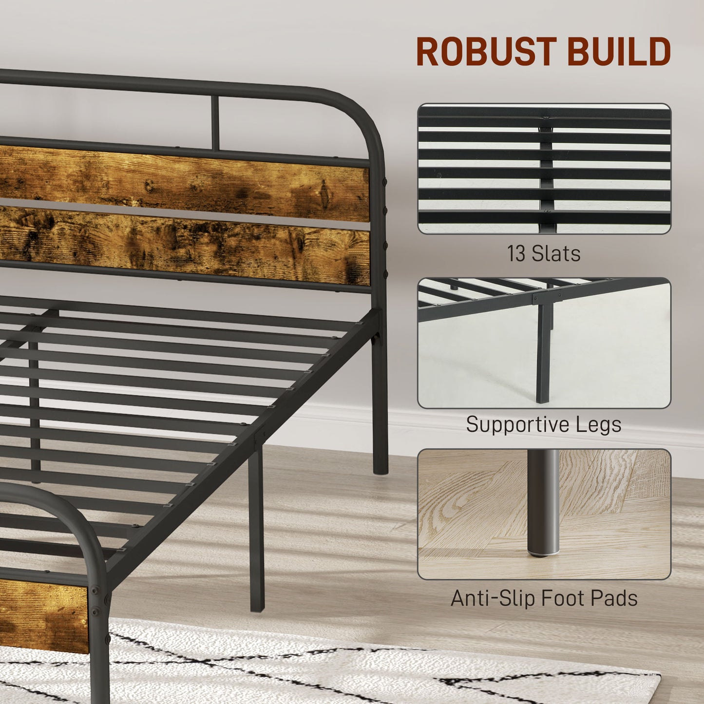King Bed Frame with Headboard, No Box Spring Needed, Rustic Brown