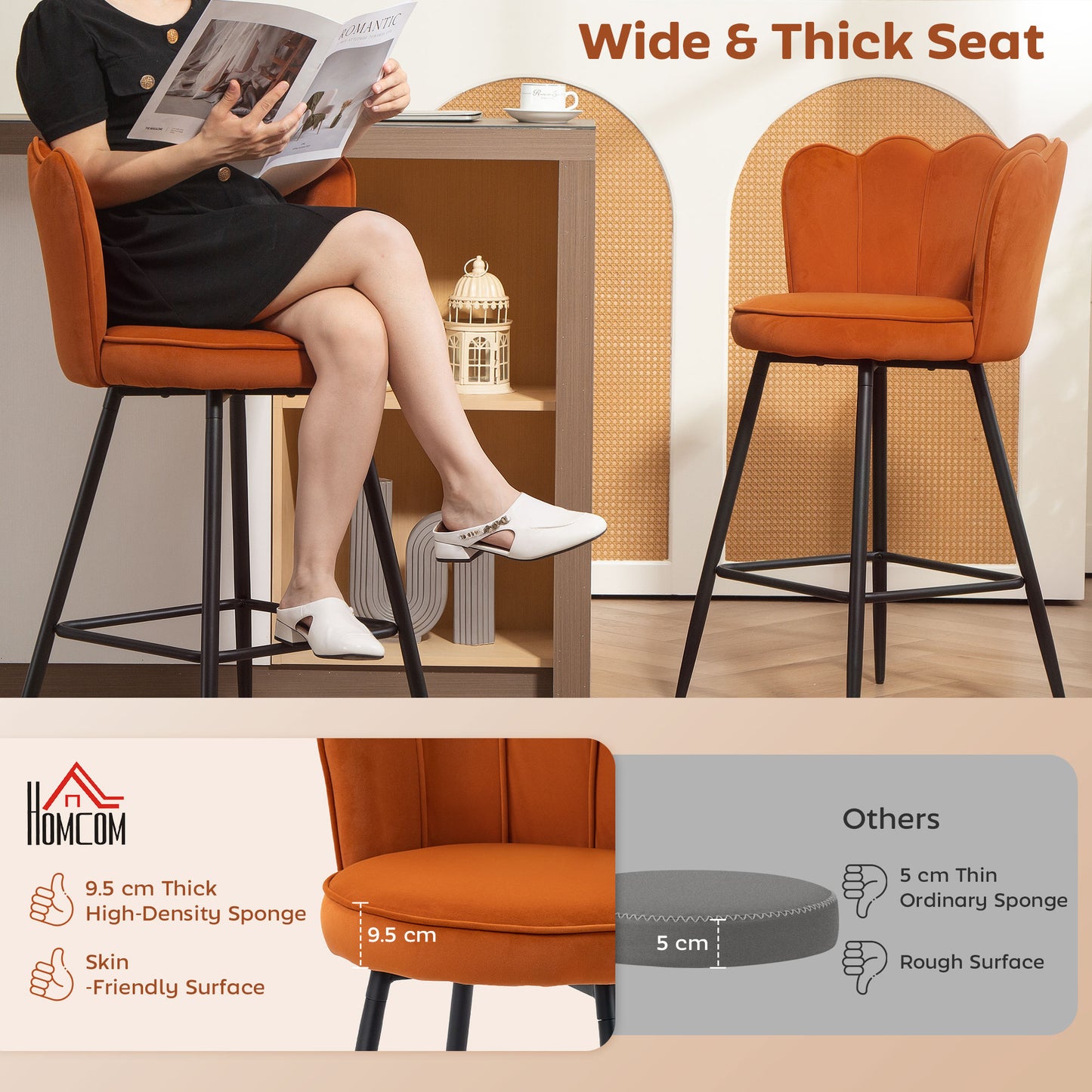 Set of 2 Barstools with Petal Backrest for Kitchen Island Orange