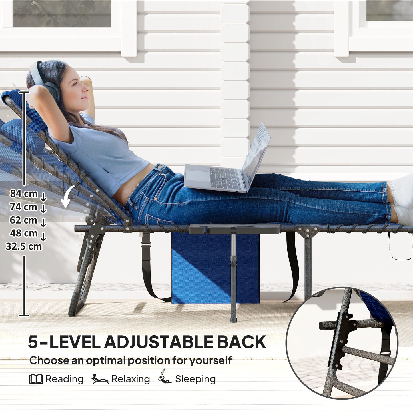 Folding Sun Lounger with 5-Level Reclining Back, Side Table, Blue