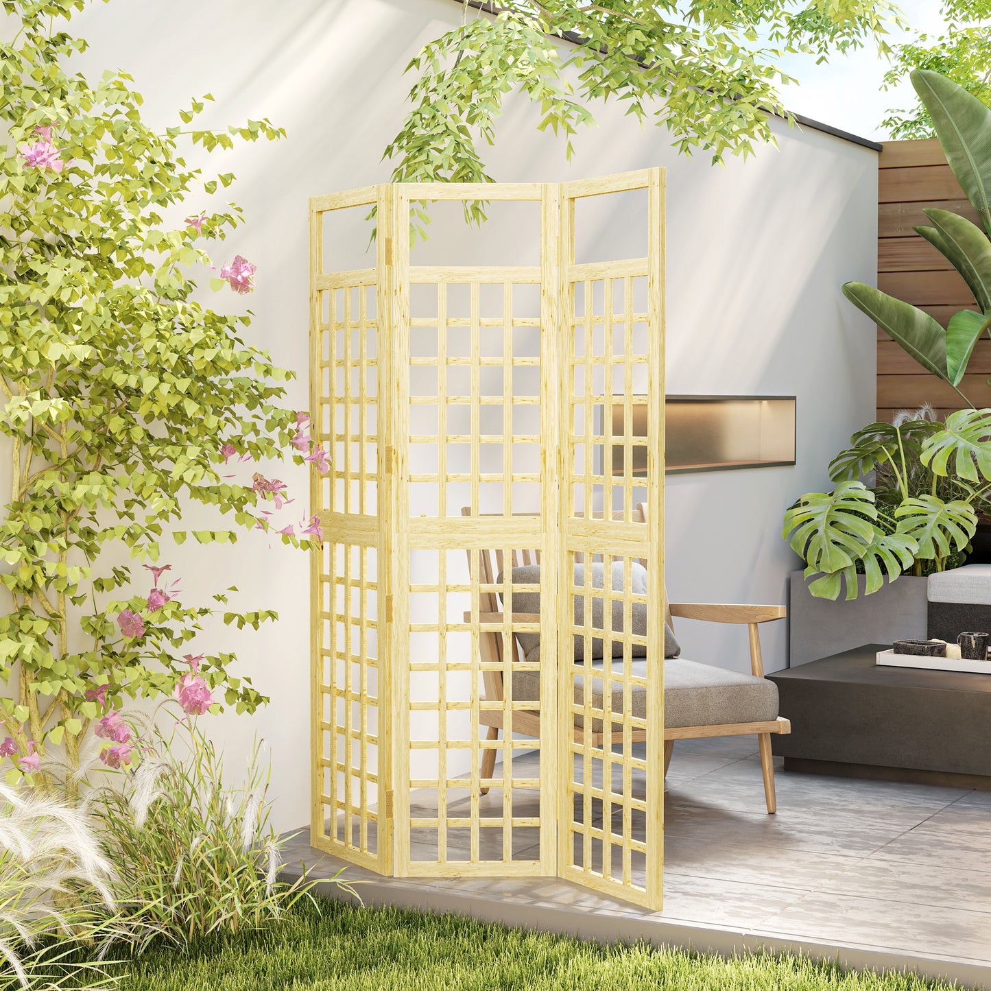 3-Panel Wooden Garden Privacy Screen, Natural Wood Finish