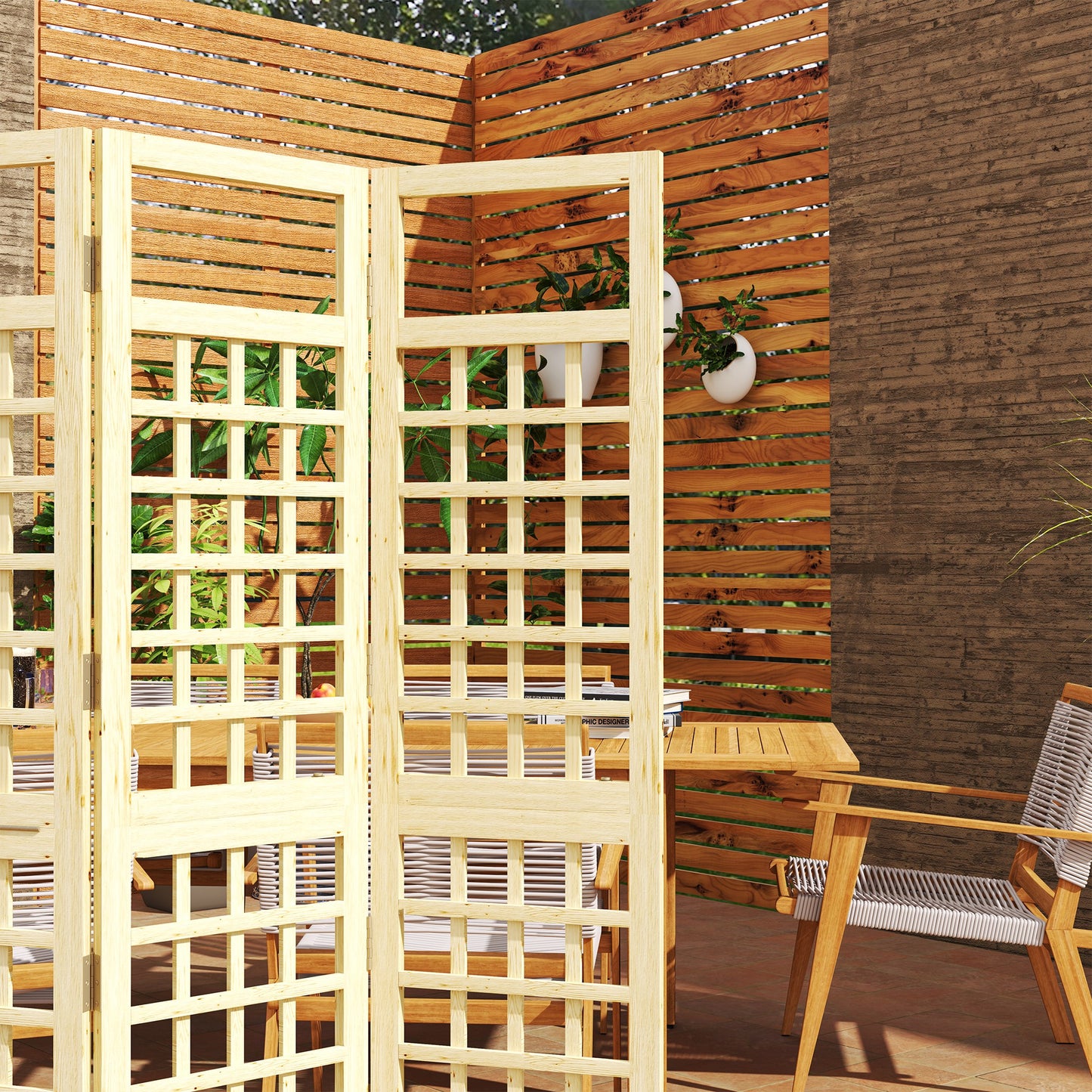 3-Panel Wooden Garden Privacy Screen, Natural Wood Finish