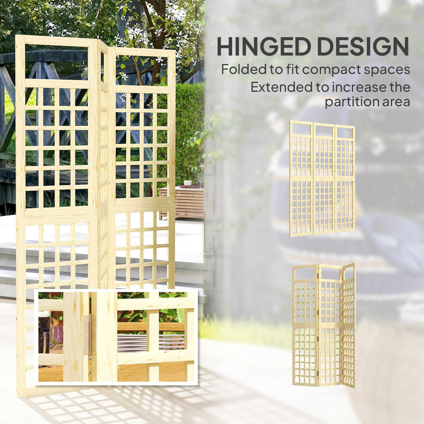 3-Panel Wooden Garden Privacy Screen, Natural Wood Finish